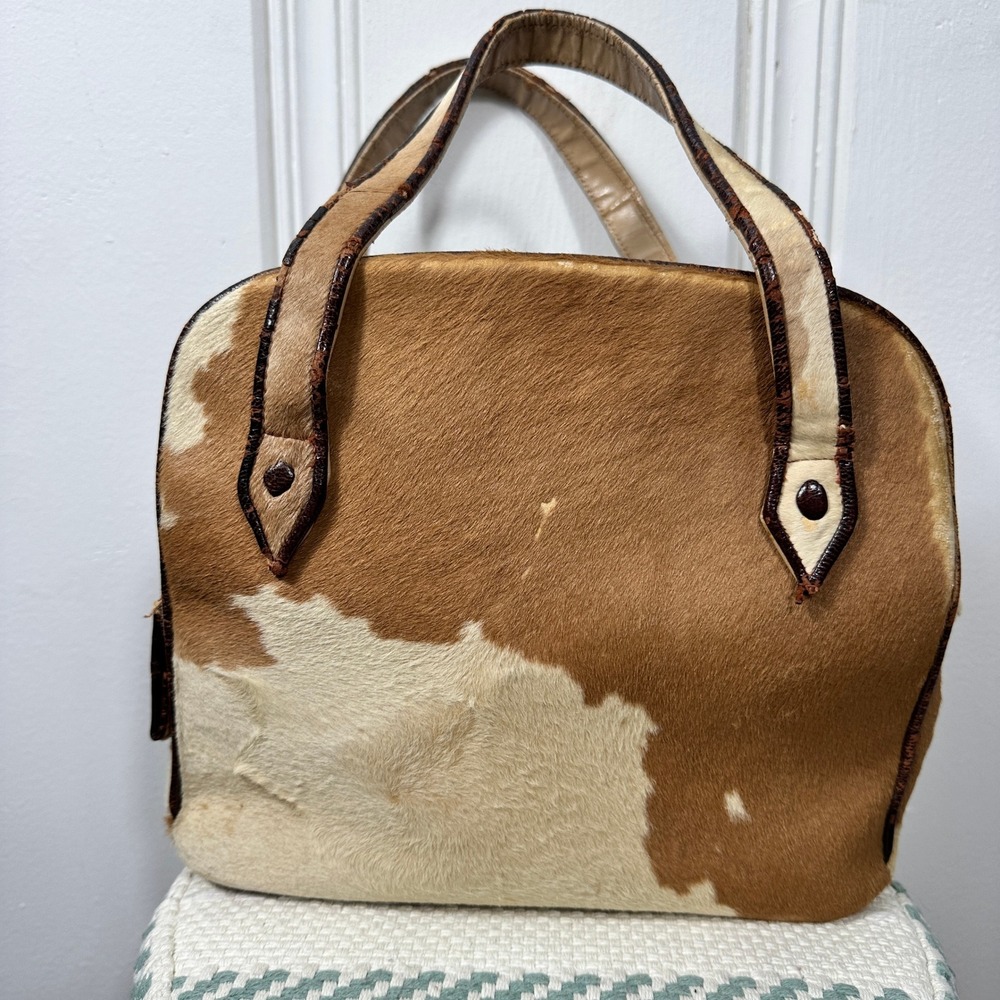 Vintage 60s 70s Cowhide Pony Hair Handbag Leather Top Handle Western Bag Fair